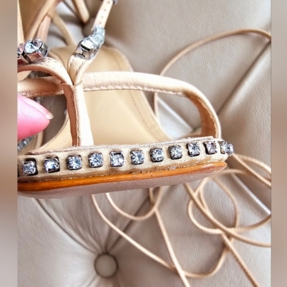 SCHUTZ Vikki Crystal Nude Beige Leather Sandals Strap Heels Prom Rhinestones 8.5 - Picture 7 of 8